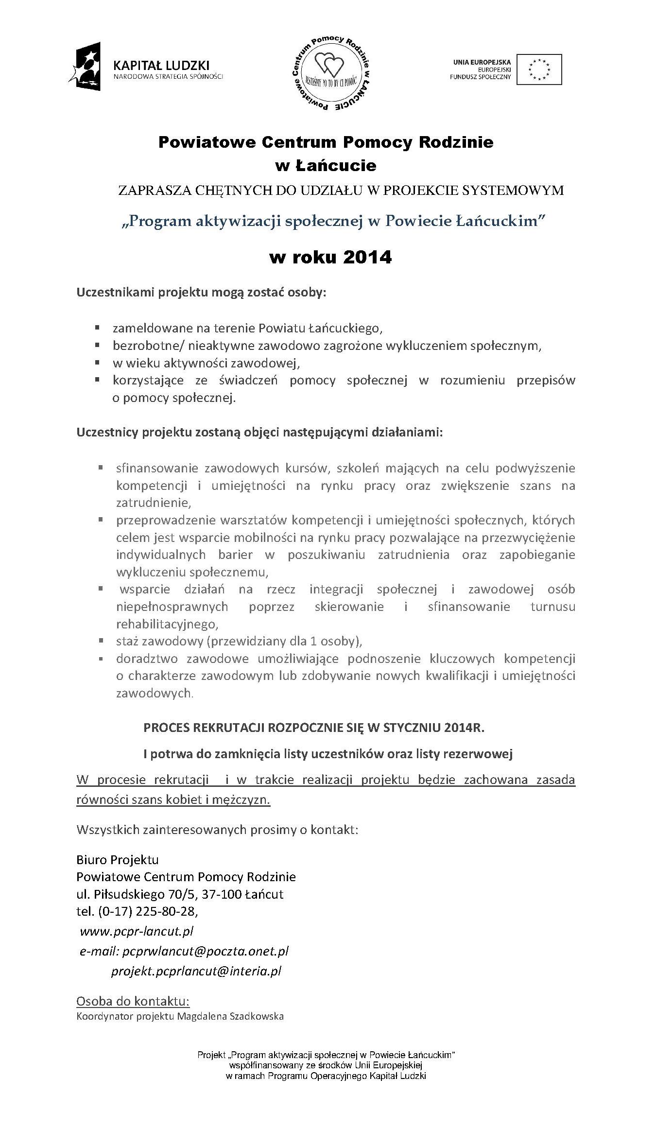 PCPR w Łańcucie zaprasza do udziału w projekcie systemowym Projekt aktywizacji społecznej w Powiecie Łańcuckie w roku 2014